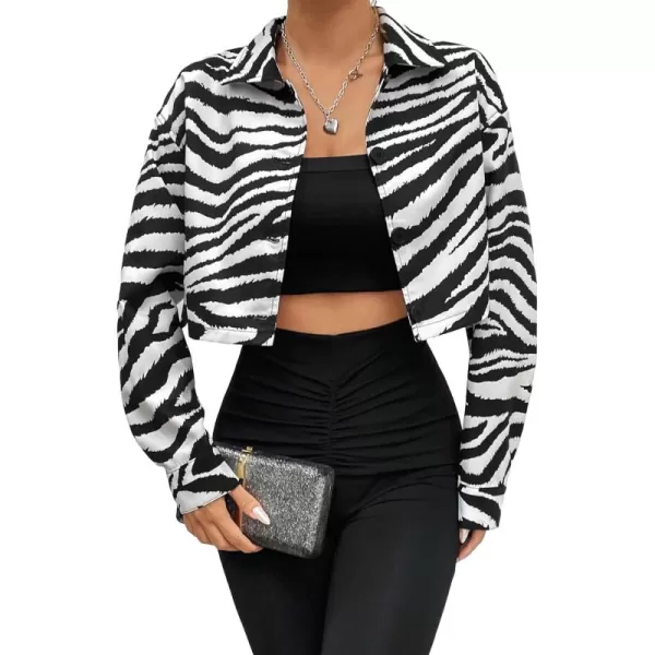 WDIRARA Women's Zebra Print Button Down Crop Jacket Collared Drop Shoulder Long Sleeve Cropped Shacket Jacket