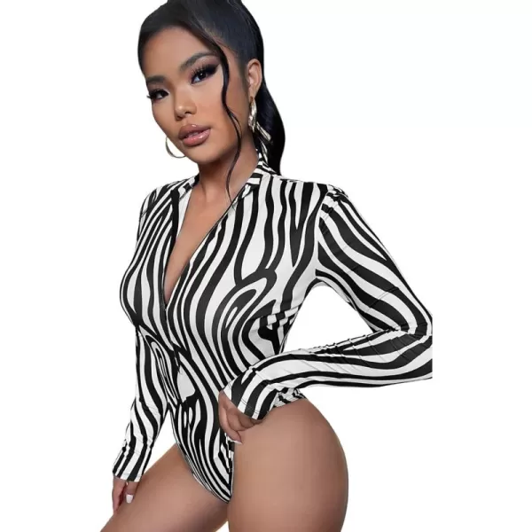 WDIRARA Women's Zebra Striped Print Long Sleeve Zip Up Mock Neck Tee Shirt Bodysuit