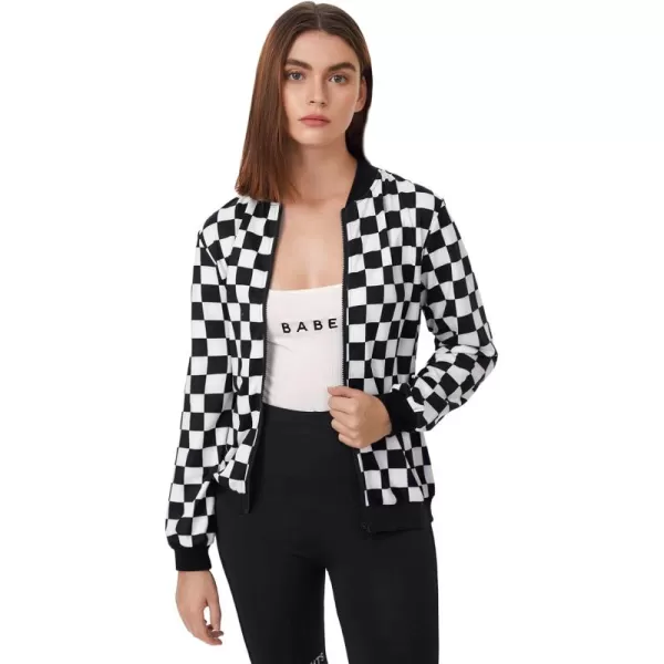 WDIRARA Women's Zip Front Plaid Print Long Sleeve Stand Collar Casual Jacket