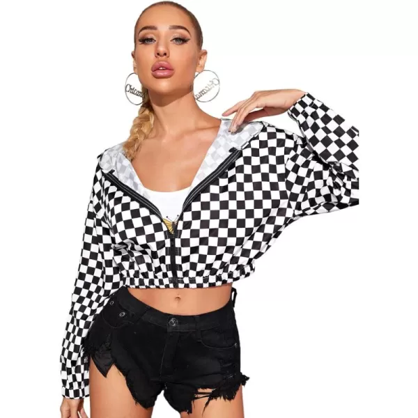 WDIRARA Women's Zip Front Plaid Print Long Sleeve Stand Collar Casual Jacket