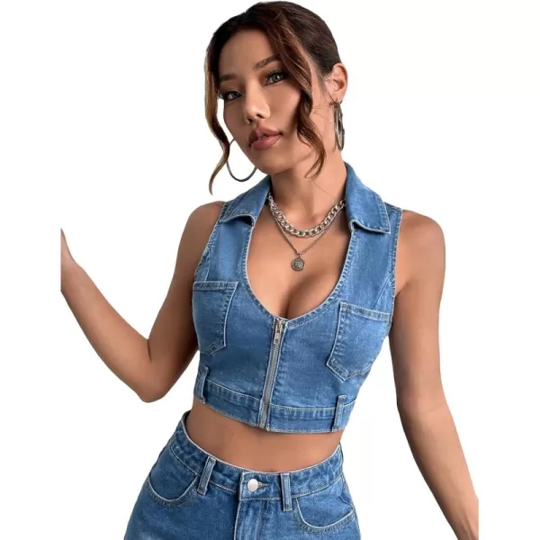WDIRARA Women's Zipper Up Collared Scoop Neck Sleeveless Patched Pockets Denim Tank Top