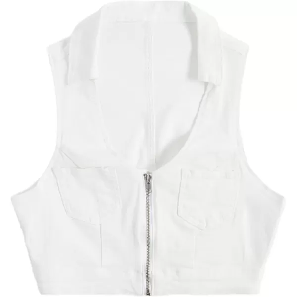 WDIRARA Women's Zipper Up Collared Scoop Neck Sleeveless Patched Pockets Denim Tank Top