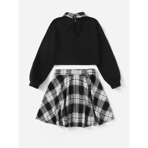 WDIRARA Girl's 2 Piece Letter Graphic Print Collar Sweatshirt and Plaid Skater Skirt Set