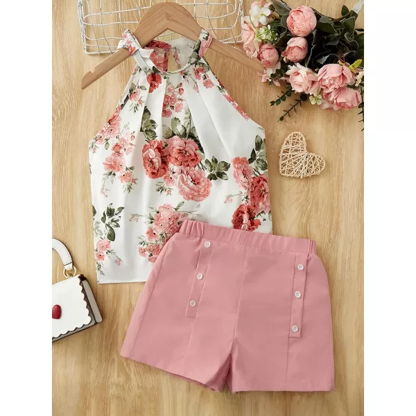 WDIRARA Girl's 2 Piece Outfits Floral Print Tie Neck Halter Top and Shorts Set