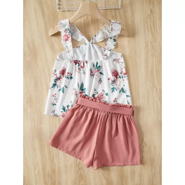 WDIRARA Girl's 2 Piece Outfits Floral Print Tie Neck Halter Top and Shorts Set