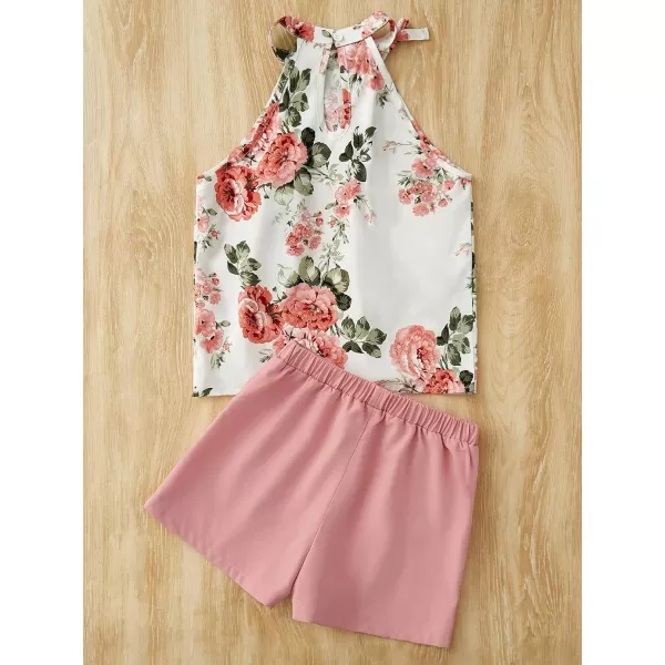 WDIRARA Girl's 2 Piece Outfits Floral Print Tie Neck Halter Top and Shorts Set