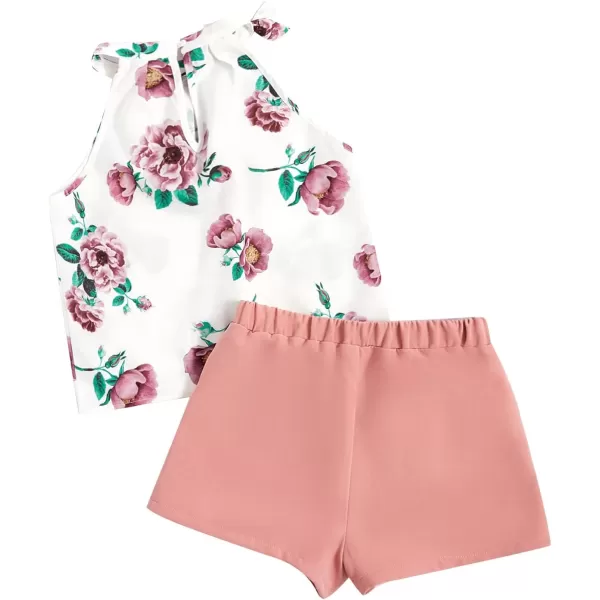 WDIRARA Girl's 2 Piece Outfits Floral Print Tie Neck Halter Top and Shorts Set