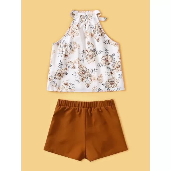 WDIRARA Girl's 2 Piece Outfits Floral Print Tie Neck Halter Top and Shorts Set