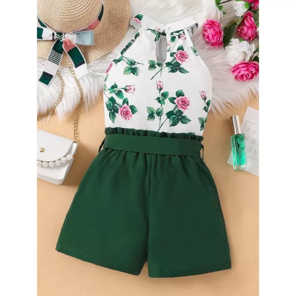 WDIRARA Girl's 2 Piece Outfits Floral Print Tie Neck Halter Top and Shorts Set