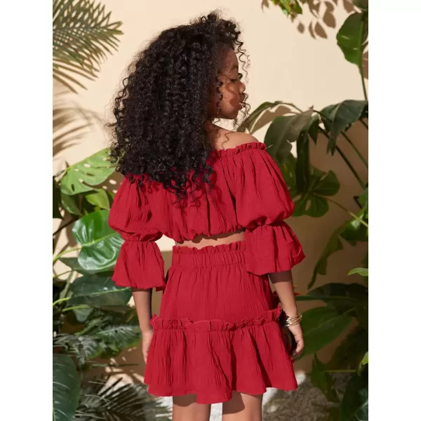 WDIRARA Girl's 2 Piece Outfits Off Shoulder Puff Sleeve Lettuce Trim Blouse and Ruffle Hem Skirt Set