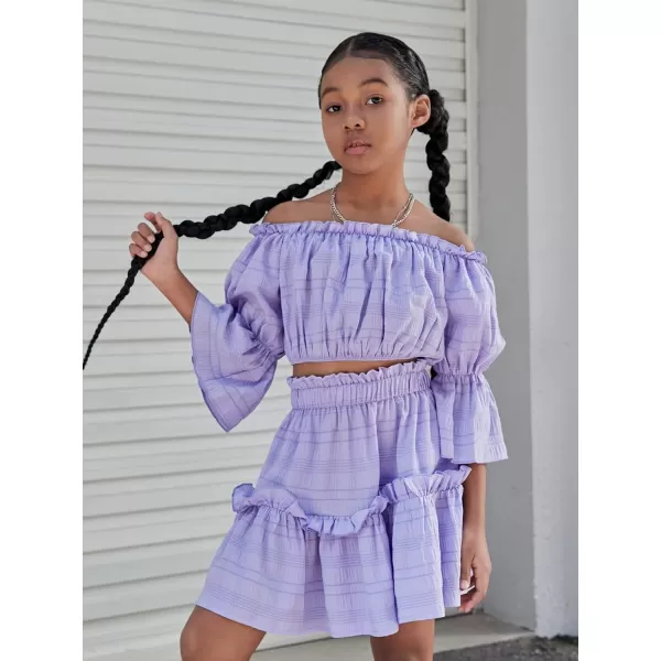 WDIRARA Girl's 2 Piece Outfits Off Shoulder Puff Sleeve Lettuce Trim Blouse and Ruffle Hem Skirt Set