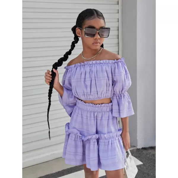 WDIRARA Girl's 2 Piece Outfits Off Shoulder Puff Sleeve Lettuce Trim Blouse and Ruffle Hem Skirt Set