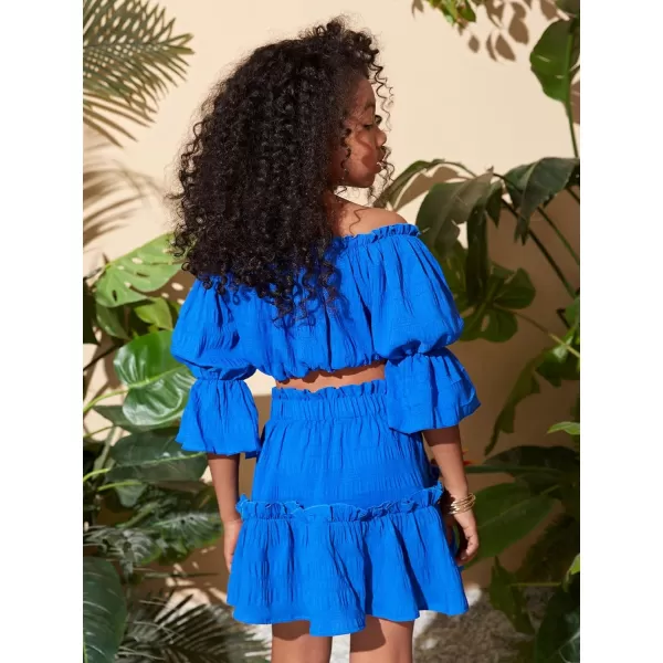 WDIRARA Girl's 2 Piece Outfits Off Shoulder Puff Sleeve Lettuce Trim Blouse and Ruffle Hem Skirt Set