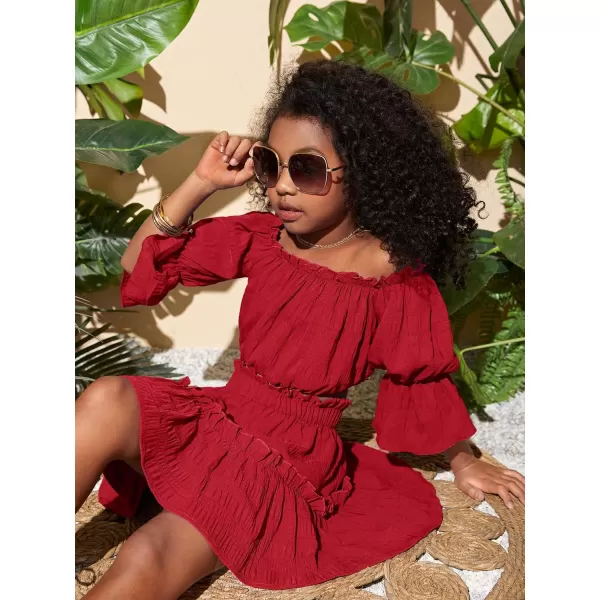 WDIRARA Girl's 2 Piece Outfits Off Shoulder Puff Sleeve Lettuce Trim Blouse and Ruffle Hem Skirt Set