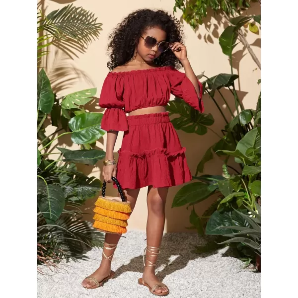 WDIRARA Girl's 2 Piece Outfits Off Shoulder Puff Sleeve Lettuce Trim Blouse and Ruffle Hem Skirt Set