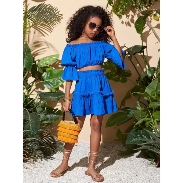WDIRARA Girl's 2 Piece Outfits Off Shoulder Puff Sleeve Lettuce Trim Blouse and Ruffle Hem Skirt Set