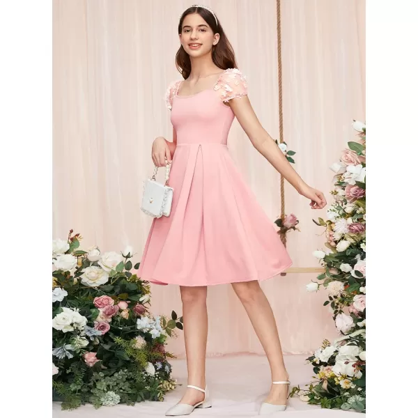 WDIRARA Girl's Appliques Mesh Puff Sleeve Square Neck Ruffle Hem Dress