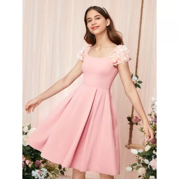 WDIRARA Girl's Appliques Mesh Puff Sleeve Square Neck Ruffle Hem Dress