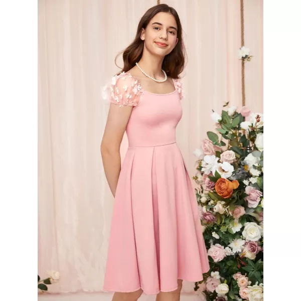 WDIRARA Girl's Appliques Mesh Puff Sleeve Square Neck Ruffle Hem Dress