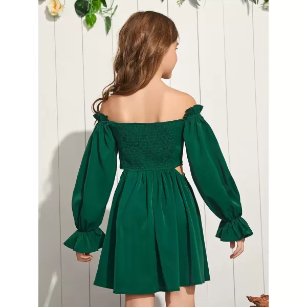 WDIRARA Girl's Cut Out Off Shoulder Shirred Flounce Sleeve Ruffle Hema A Line Mini Dress