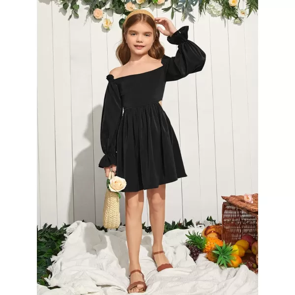 WDIRARA Girl's Cut Out Off Shoulder Shirred Flounce Sleeve Ruffle Hema A Line Mini Dress