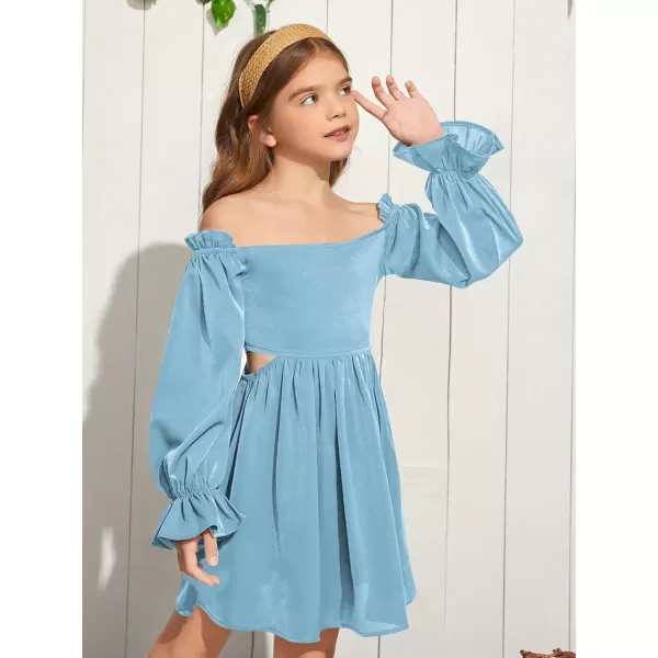 WDIRARA Girl's Cut Out Off Shoulder Shirred Flounce Sleeve Ruffle Hema A Line Mini Dress