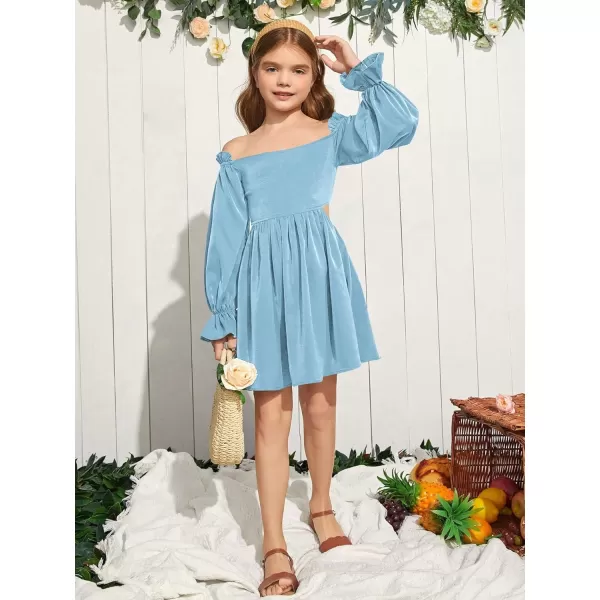 WDIRARA Girl's Cut Out Off Shoulder Shirred Flounce Sleeve Ruffle Hema A Line Mini Dress