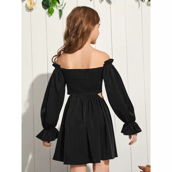 WDIRARA Girl's Cut Out Off Shoulder Shirred Flounce Sleeve Ruffle Hema A Line Mini Dress