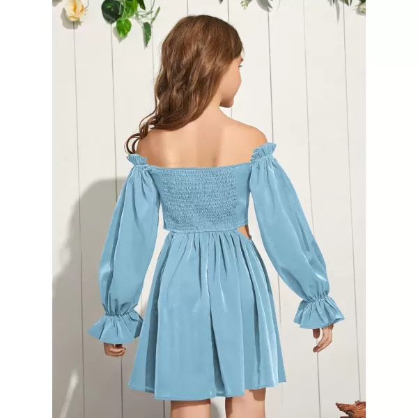 WDIRARA Girl's Cut Out Off Shoulder Shirred Flounce Sleeve Ruffle Hema A Line Mini Dress