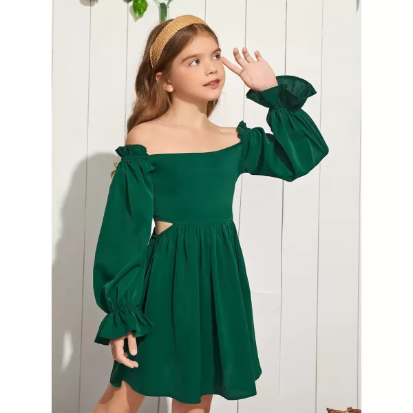 WDIRARA Girl's Cut Out Off Shoulder Shirred Flounce Sleeve Ruffle Hema A Line Mini Dress