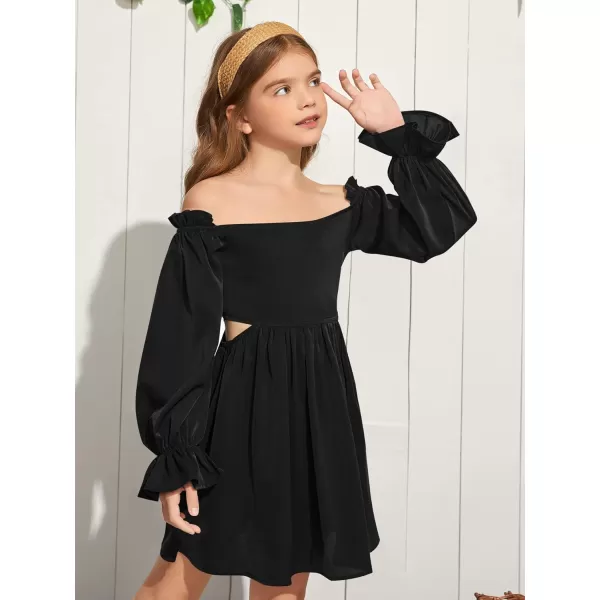 WDIRARA Girl's Cut Out Off Shoulder Shirred Flounce Sleeve Ruffle Hema A Line Mini Dress