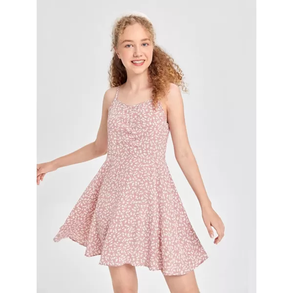 WDIRARA Girl's Ditsy Floral Print Dress Spaghetti Strap V Neck Ruched Flared Cami Dress