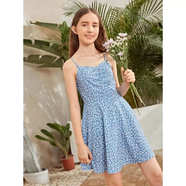 WDIRARA Girl's Ditsy Floral Print Dress Spaghetti Strap V Neck Ruched Flared Cami Dress