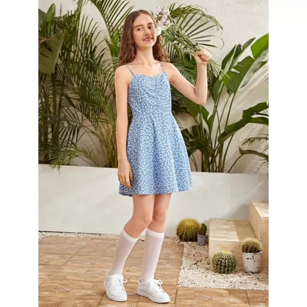 WDIRARA Girl's Ditsy Floral Print Dress Spaghetti Strap V Neck Ruched Flared Cami Dress