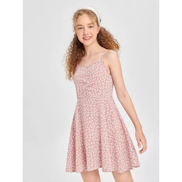 WDIRARA Girl's Ditsy Floral Print Dress Spaghetti Strap V Neck Ruched Flared Cami Dress