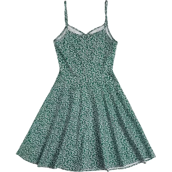 WDIRARA Girl's Ditsy Floral Print Dress Spaghetti Strap V Neck Ruched Flared Cami Dress