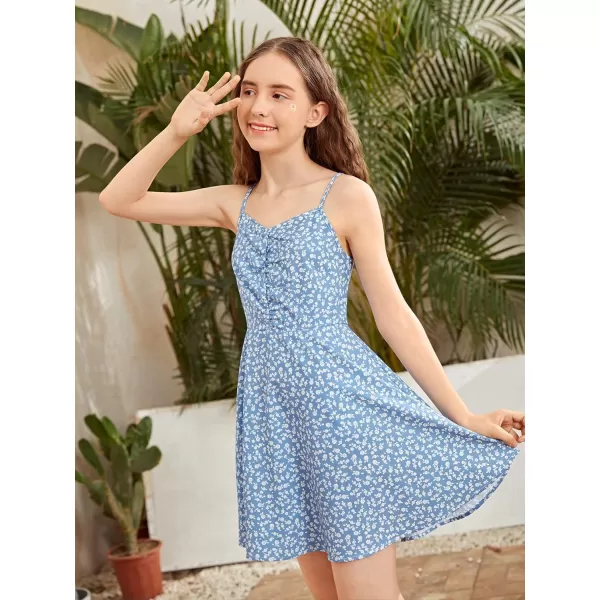 WDIRARA Girl's Ditsy Floral Print Dress Spaghetti Strap V Neck Ruched Flared Cami Dress