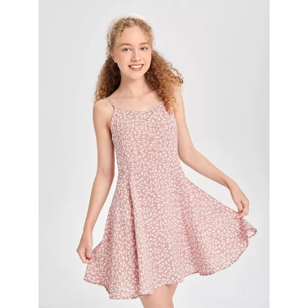 WDIRARA Girl's Ditsy Floral Print Dress Spaghetti Strap V Neck Ruched Flared Cami Dress