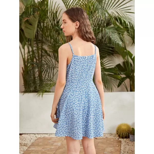 WDIRARA Girl's Ditsy Floral Print Dress Spaghetti Strap V Neck Ruched Flared Cami Dress