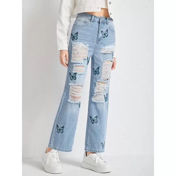 WDIRARA Girl's Graphic Butterfly Print Ripped Jeans Straight Leg Distressed Jean Pants