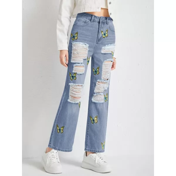 WDIRARA Girl's Graphic Butterfly Print Ripped Jeans Straight Leg Distressed Jean Pants