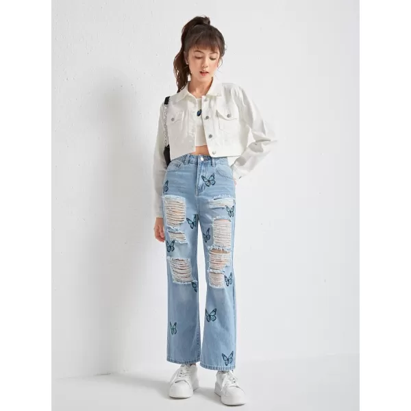 WDIRARA Girl's Graphic Butterfly Print Ripped Jeans Straight Leg Distressed Jean Pants