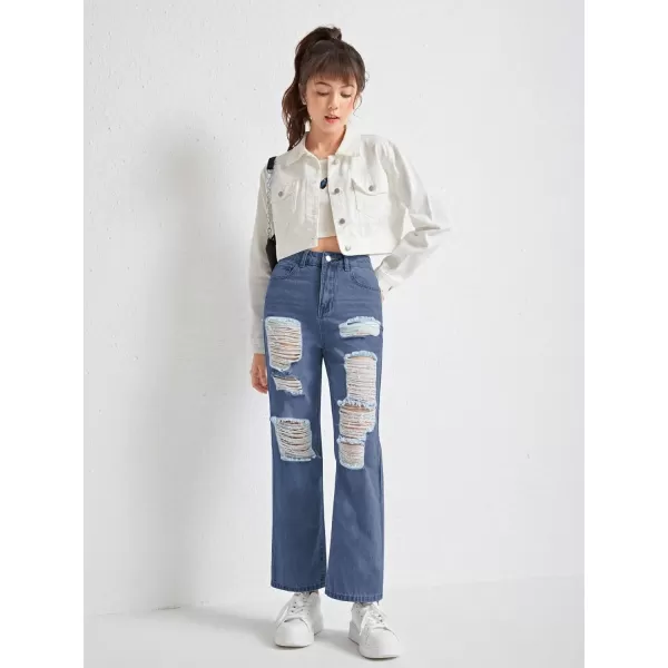 WDIRARA Girl's Graphic Butterfly Print Ripped Jeans Straight Leg Distressed Jean Pants