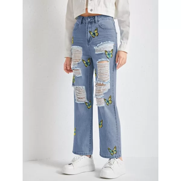 WDIRARA Girl's Graphic Butterfly Print Ripped Jeans Straight Leg Distressed Jean Pants