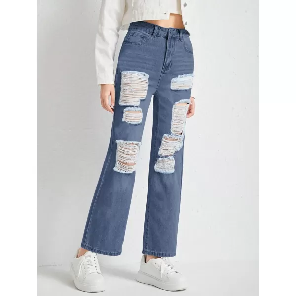 WDIRARA Girl's Graphic Butterfly Print Ripped Jeans Straight Leg Distressed Jean Pants