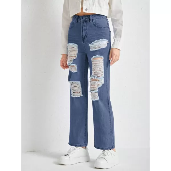 WDIRARA Girl's Graphic Butterfly Print Ripped Jeans Straight Leg Distressed Jean Pants