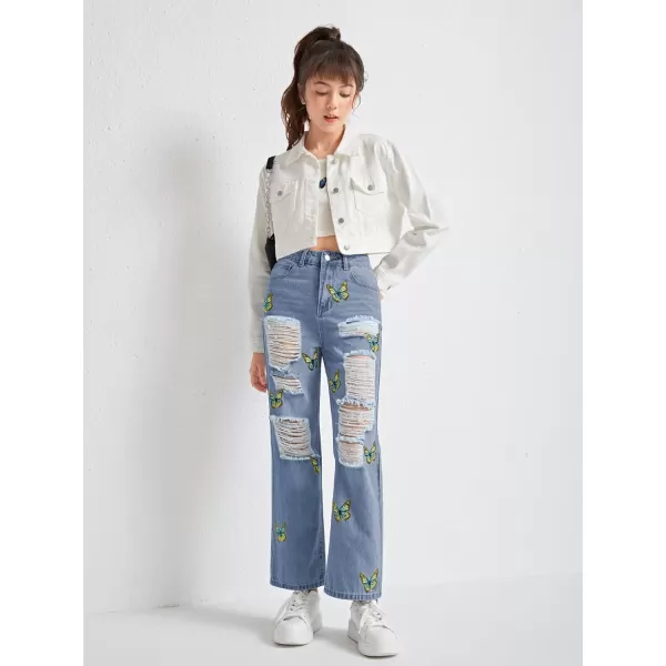 WDIRARA Girl's Graphic Butterfly Print Ripped Jeans Straight Leg Distressed Jean Pants