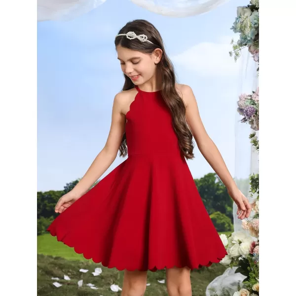 WDIRARA Girl's Halter Neck Scallop Trim Sleeveless A Line Flared Party Mini Dress