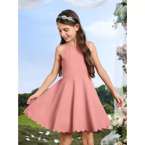 WDIRARA Girl's Halter Neck Scallop Trim Sleeveless A Line Flared Party Mini Dress