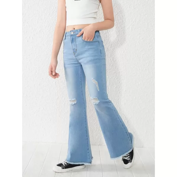 WDIRARA Girl's High Waisted Ripped Raw Hem Flare Bell Bottom Jeans Denim Pants